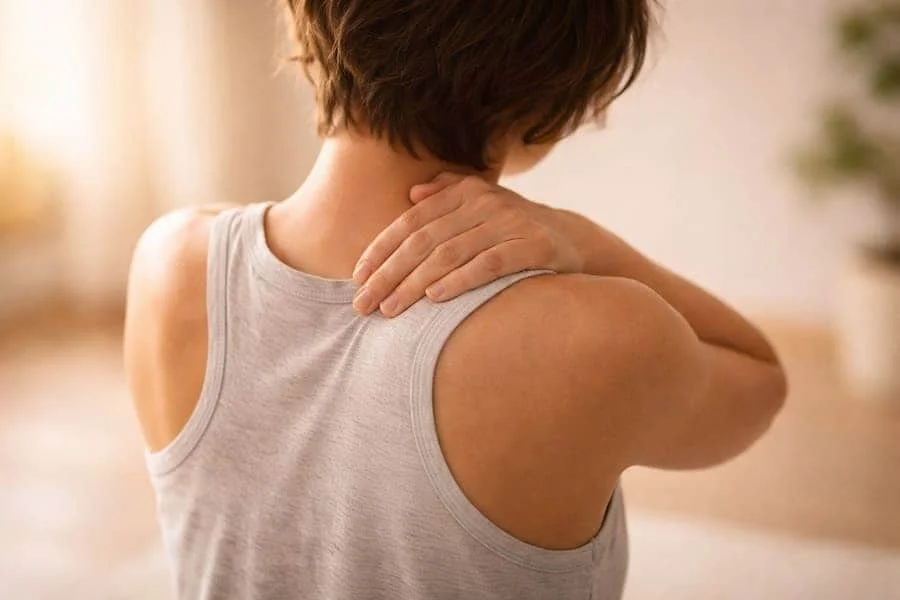 maman se tenant le bas du dos avec une douleur dorsale, illustrant la fatigue physique et l’importance de prendre soin de soi en tant que maman.